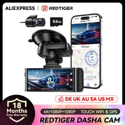 車のフロントカメラとリアカメラ,wifi,デュアルDVR,取り付けが簡単,GPSレコーダー,タッチ,REDTIGER-4K