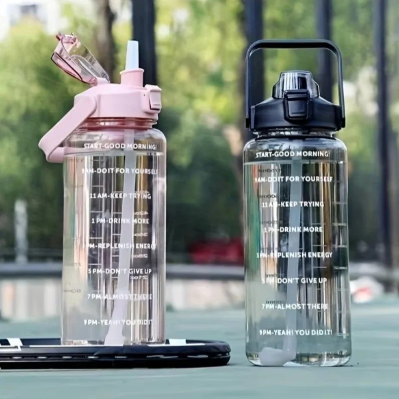 

2 Liters Plastic Kettle Large Portable Travel Water Bottle with Straw Sports Fitness Cup High Value Big Fat Cup Adult Universal