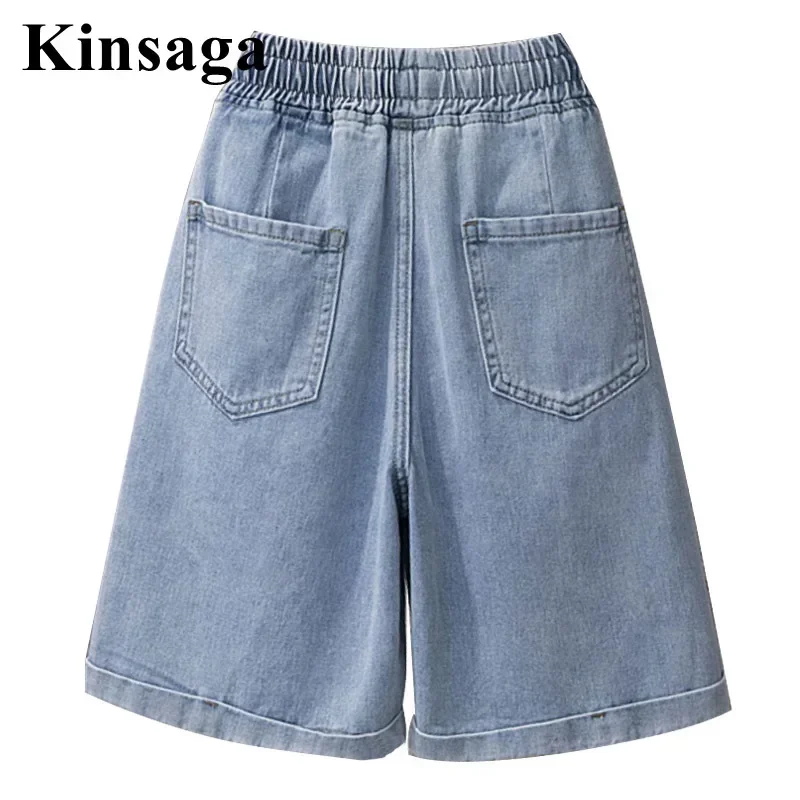 Women Hemming Elastic Waist Loose Wide Leg Shorts Jeans Mom 4xl Summer Pleated Cuffed Baggy Denim Pant Bermudas Cropped Trousers