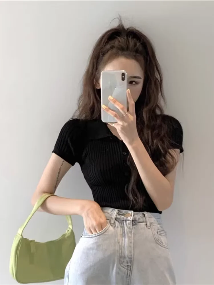 Sweet And Spicy Short Sleeve Knitted  Shirt for Women Summer Trendy Style Cute Japanese Style Slim Fit Youthful Design