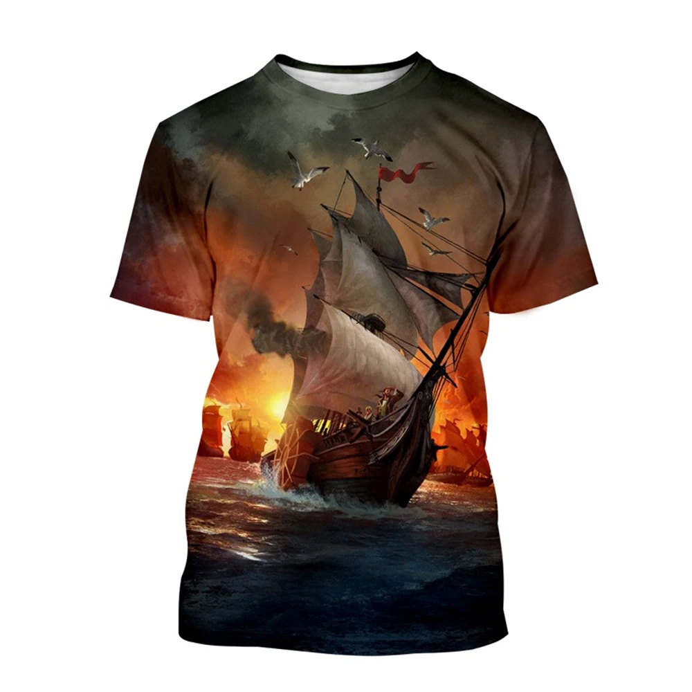 Zomer Creatieve 3d Geprint Cool Piratenschip Bedrukt Gepersonaliseerde En Modieuze Hoge Kwaliteit Korte Mouwen