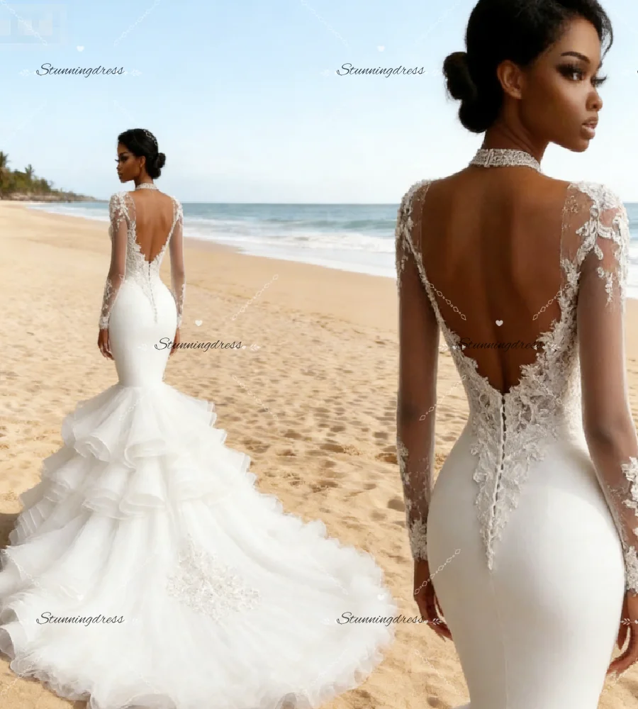 Luxury Aso Ebi Mermaid Wedding Dress 2026 Illusion Long Sleeve African Beach Bridal Gowns Bottom Ruffles Civil Bohemian Backless
