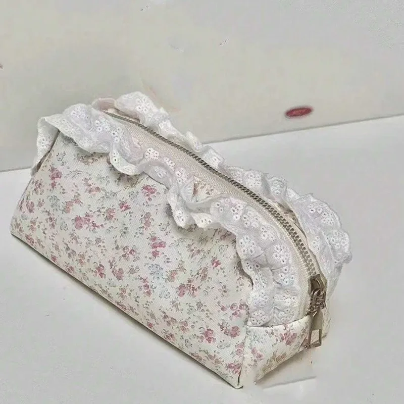 Girls Lace Floral Pencil Case Large Capacity 3D Handheld Bag Portable Cosmetic Makeup Organizer Multi‑purpose Storage Pouch