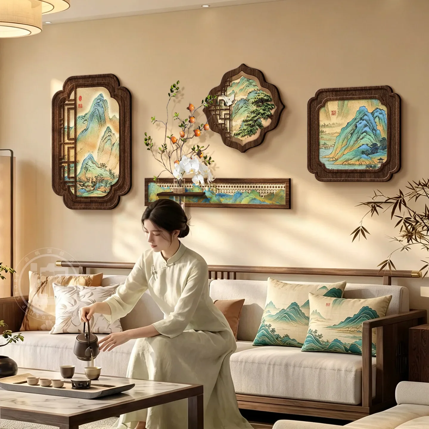 The living room is decorated with new Chinese-style sofa background wall  paintingsprice difference
