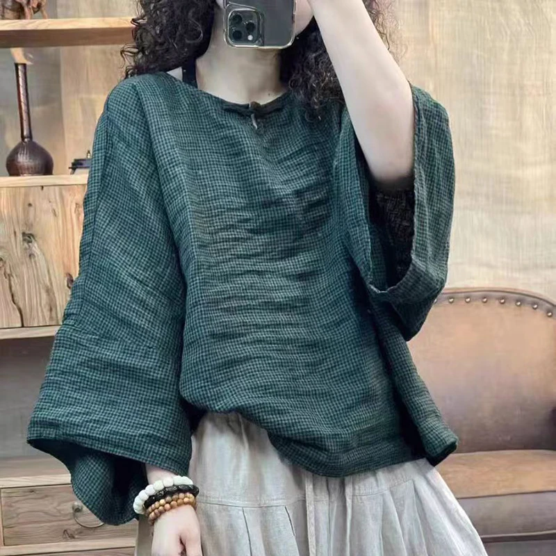 New Arrival Spring Summer Arts Style Women Batwing Sleeve Loose Casual T-shirt Vintage Cotton Linen Plaid Tops Tees Good Quality