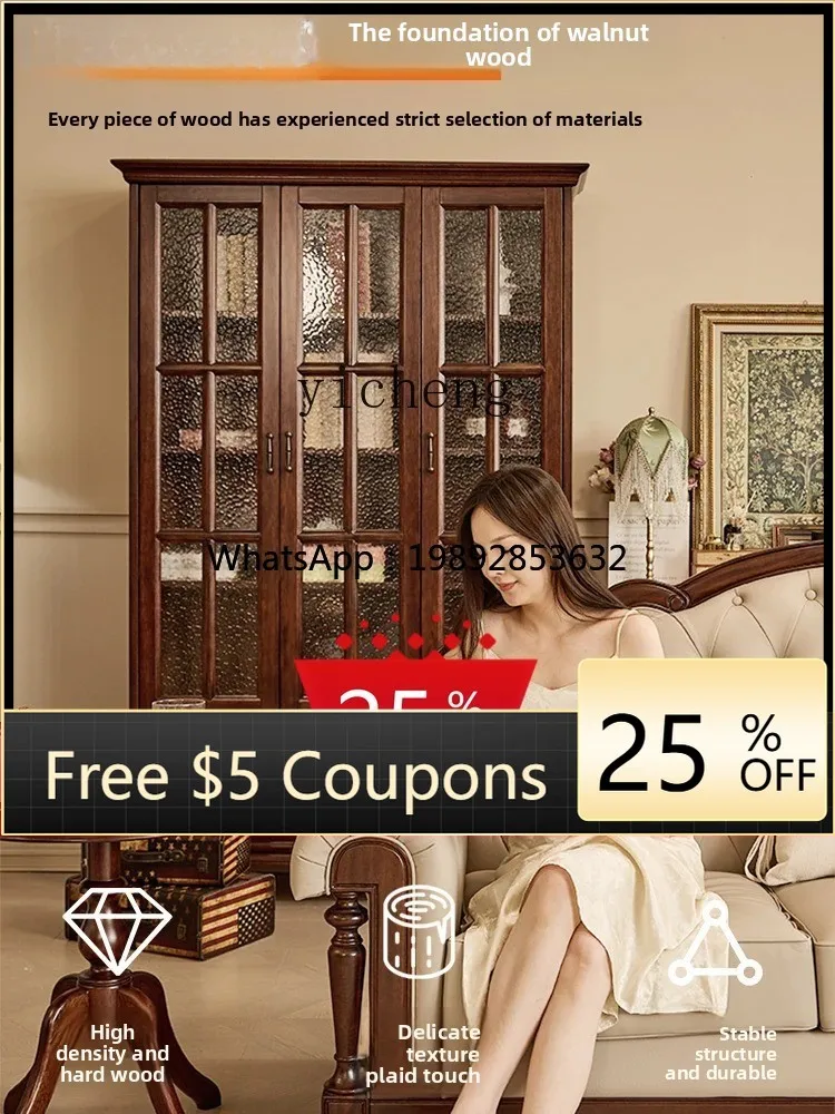 

AA American antique bookshelf wine storage cabinet simple all solid wood three door double door bookshelf with glass