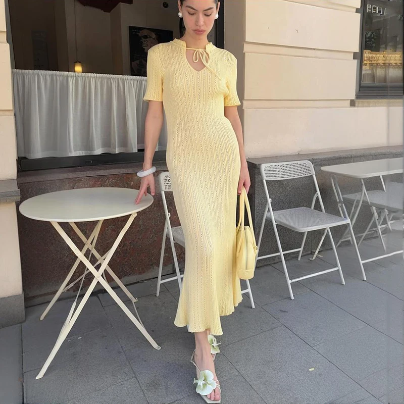 

Tornova Retro Knitted Long Dress Female Short Sleeve Slim Hollow Retro Elegant Sweater Dress Summer High Waist Woman Dress