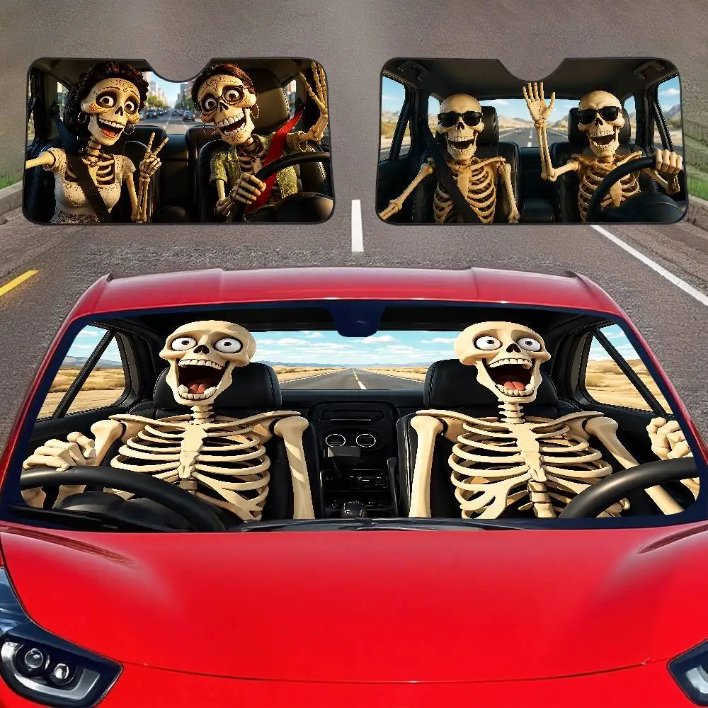 Skull Couple Driving Car SunShade Windshield Funny Sun Shade Foldable UV Ray Sun Visor Protector Sunshade For Front Window