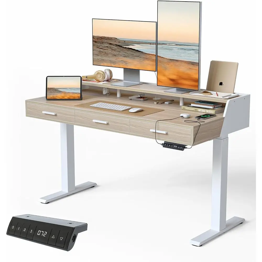

Ergonomic Electric Sit-Stand Desk, 55x26, 3 Wooden Shelves, Monitor Shelf, Adjustable Height, Light Walnut