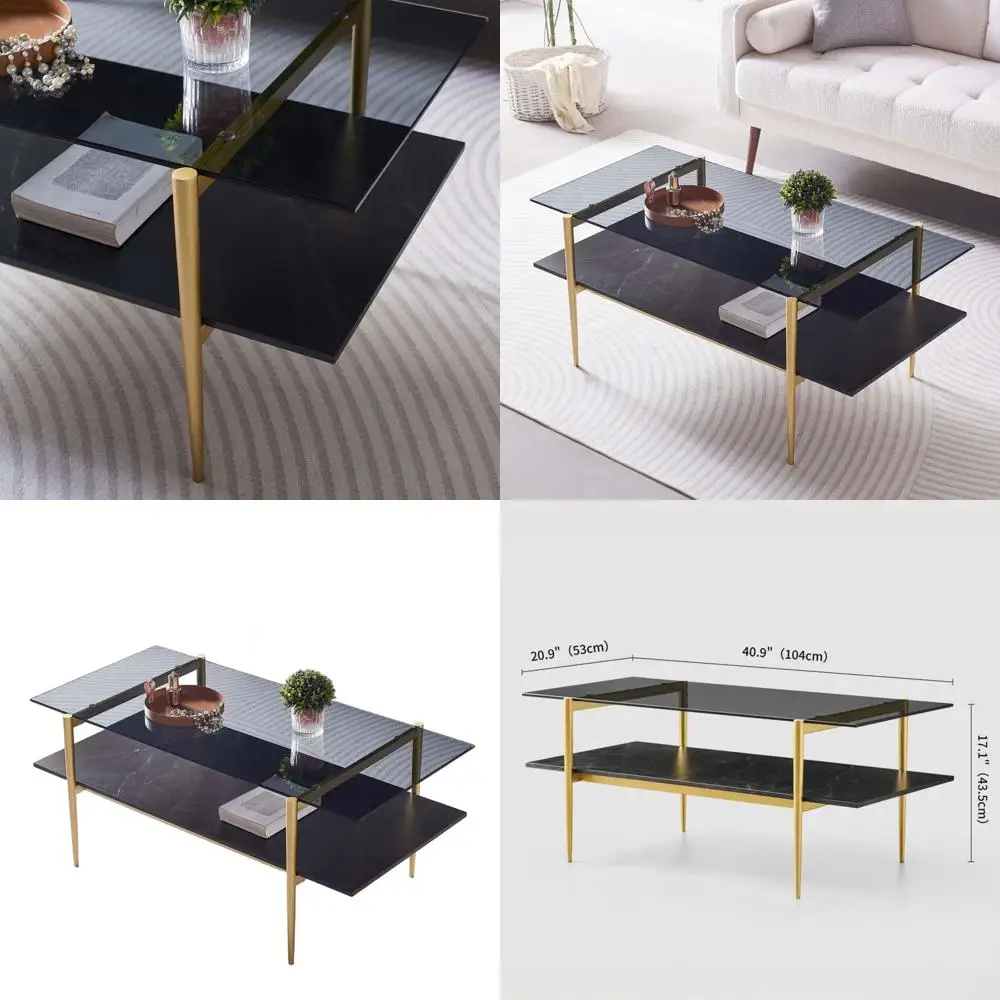 

Современный двухъярусный журнальный столик середины века, прозрачная стеклянная столешница, черная мраморная полка, золотые конические ножки