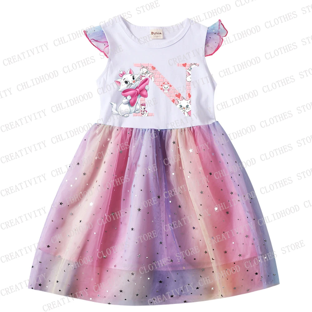 The Aristocats Dress Girl Disney Marie Cat Letters ABCD Print bambini ragazze Princess Kid Cartoons abbigliamento Casual abiti di garza