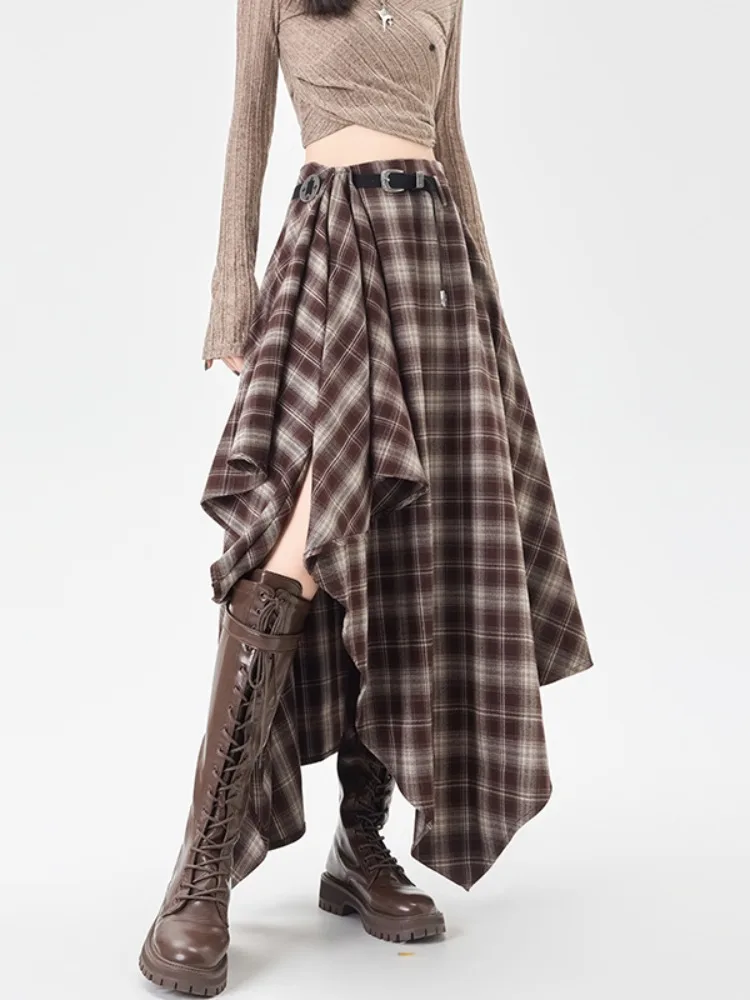 레트로 커피 컬러 체크 무늬 비대칭 A라인 스커트 여성용 가을 겨울 하이웨이스트 슬림 미디 우산 스커트