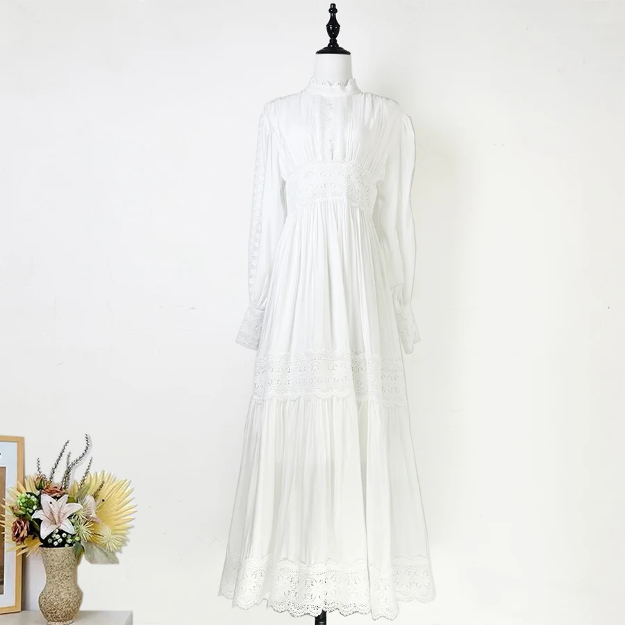 Runway Hollow Out Embroidery Long Dresses Women Summer Holiday 2025 Spring Lantern Full Sleeve Evening Party Maxi Dress Shirt