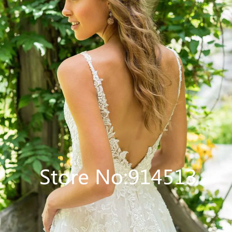 2021 Đầm Vestido De Noiva Chữ A Cổ V Áo Cưới Top Ren Appliques Đầm Cô Dâu Tự Làm Áo Cưới Càn Quét Tàu