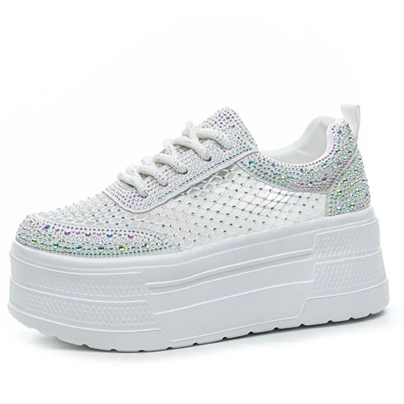 

Женская повседневная обувь 7 см, обувь на плоской подошве с мягкой подошвой и толстым каблуком, увеличивающая внутреннюю часть, с дышащей сеткой, украшенная бриллиантами