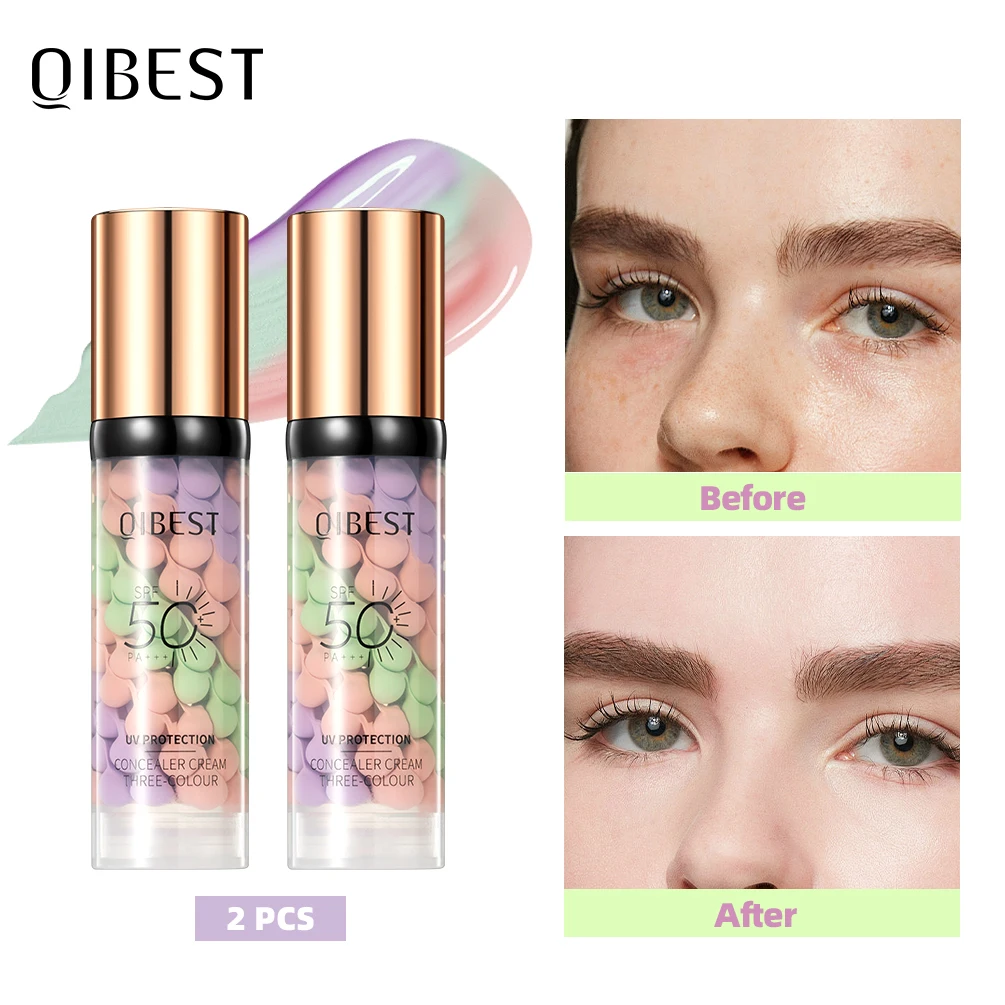 QIBEST 2PCS Liquid Concealer Mixed Isolation Lotion Makeup Moisturizing Liquid Foundation Skin Tone Brightening Face Primer