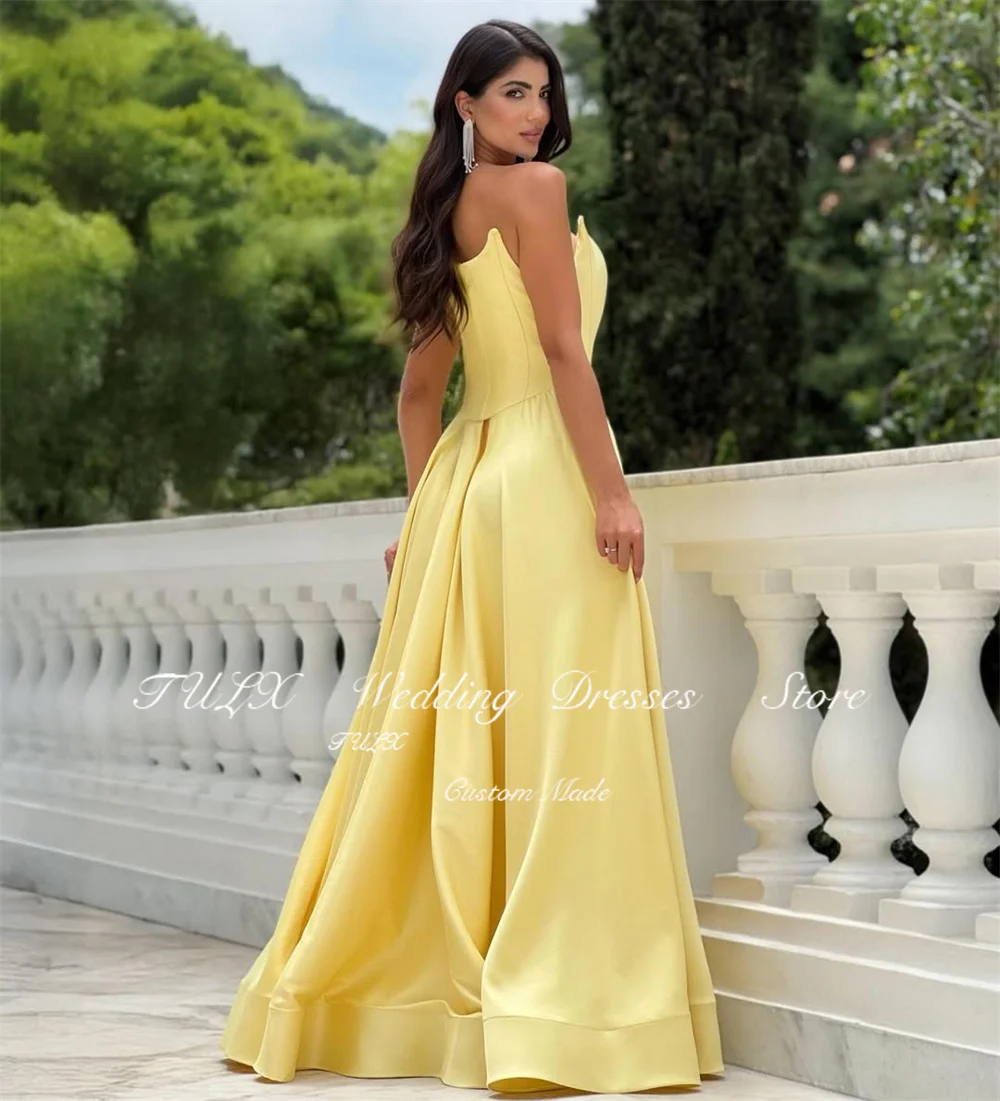 TULX élégant jaune Satin arabie robes de soirée col rond sans manches robe de soirée une ligne longue robe d'occasion formelle personnalisée 2026