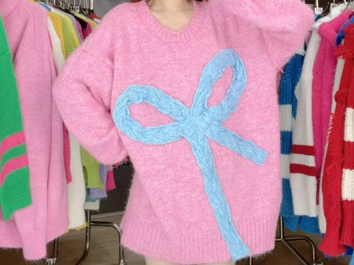 

2025 Winter Thick Loose Lazy Wind Top Bow Casual Medium and Long Knitted Sweater