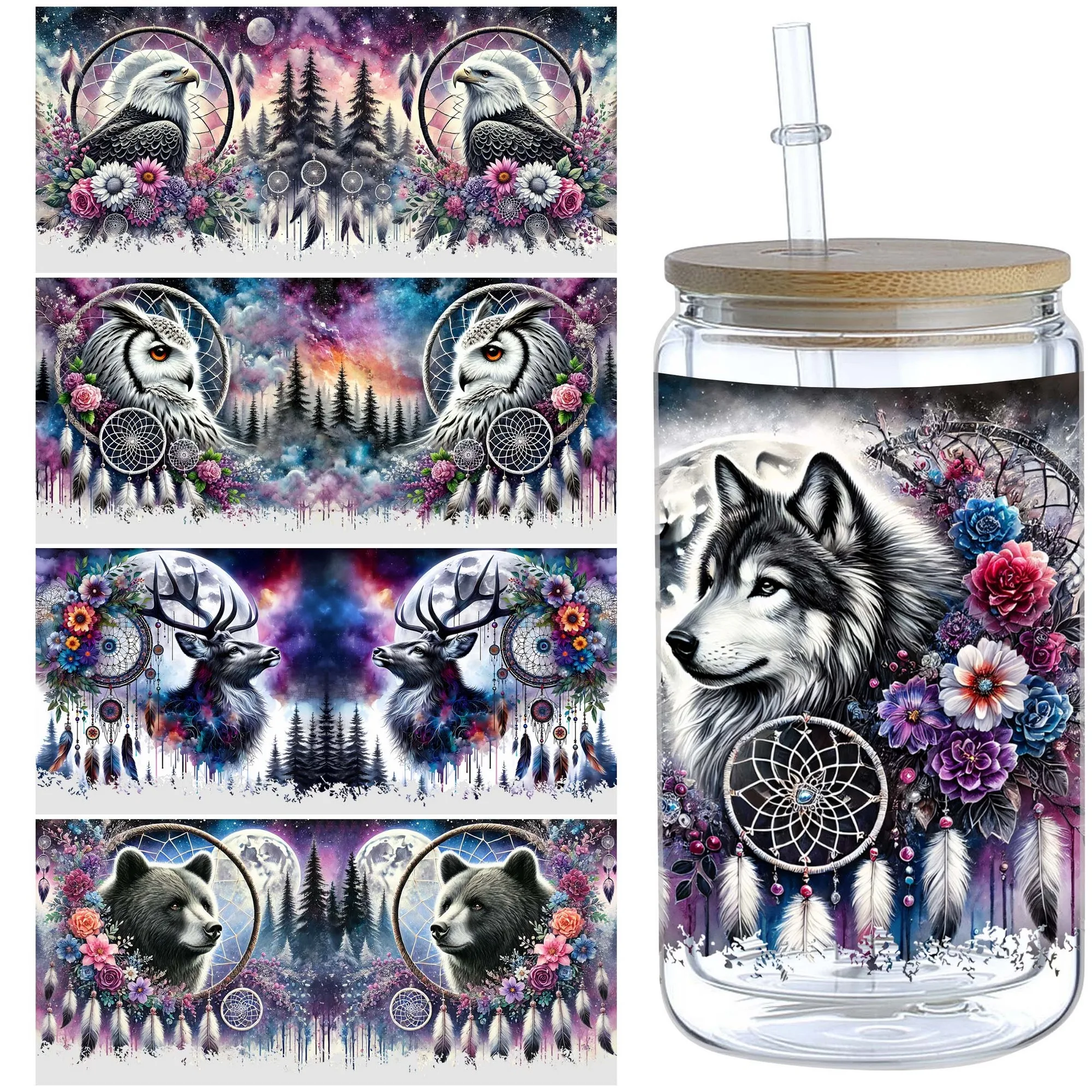 5 Sheets Animal DreamCatcher UV DTF Tumbler Wrap Transfer Stickers,  Waterproof Wipe Off Transfer Stickers for 16 Ounces Glass