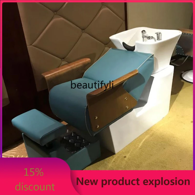 

zGHairdressing Solid Wood Shampoo Deep Basin Punch Bed Barber Shop Flushing Japanese and Korean Simple Ceramic Basin Shampoo Cha