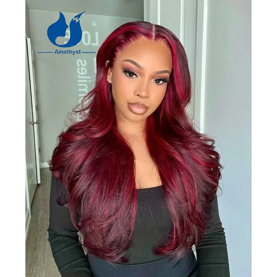 Amethyst Long Wave Red Highlight 13x6 Lace Front Wig for Women Remy Brazilian Human Hair Pre-Plucked Burgundy Color Layered