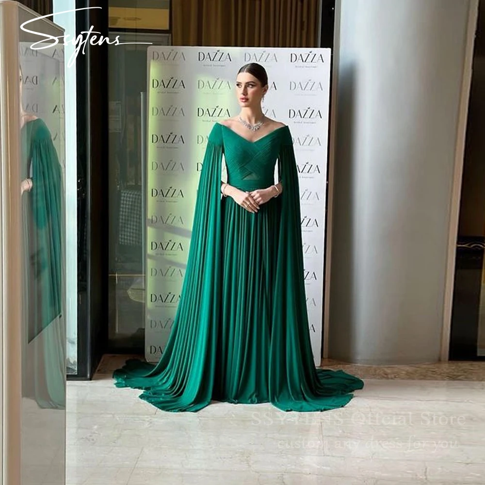 

SSYTENS Green Long Cap Sleeves Evening Dresses Wedding Guest Formal Dress Women Elegant Chiffon Customized Vestidos De Fiesta