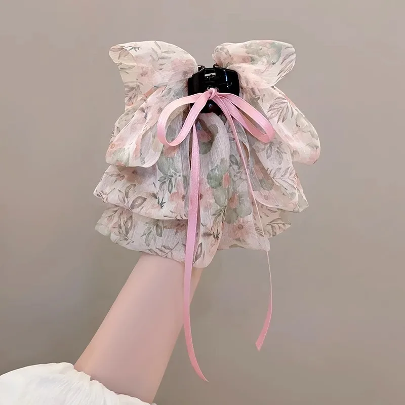 Elegant Women Large Bow Hair Claw Chiffon Big Bowknot Stain Bow Barrettes Hairpin Women Color Ponytail Clip Hair Accessories