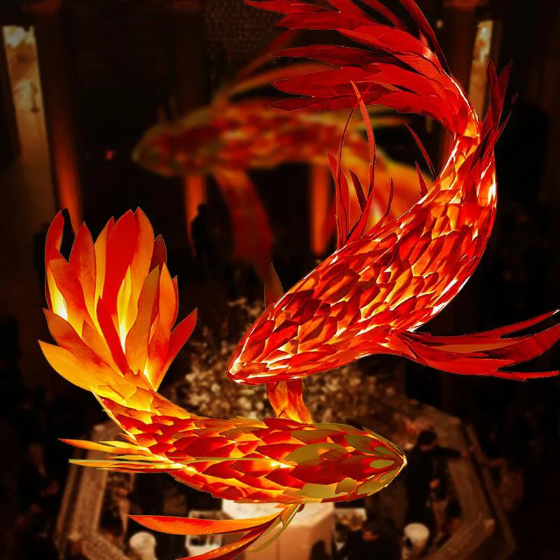 Wooden fish lamp chandelier New Chinese restaurant Hotel hot pot restaurant modeling lamp Hotel lobby fish decorative carp lamp