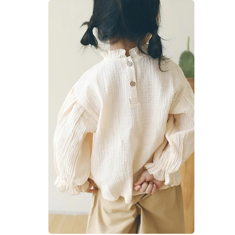 Kleinkind Mädchen Langarm Tops Herbst Leinen Baumwolle Solide Rüschen T-Shirt Blumen Shirts für Kinder Casual Tees Mädchen Blusen 1-6T – Detail 1