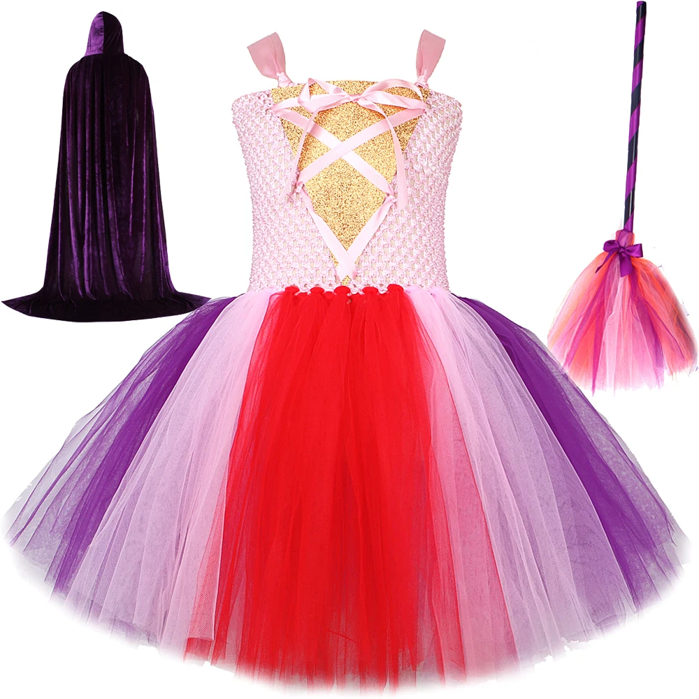 Hocus Pocus Halloween Costumes for Girls Sanderson Sisters Witch Fancy Tutu Dress Kids Carnival Party Outfit with Cloak Broom