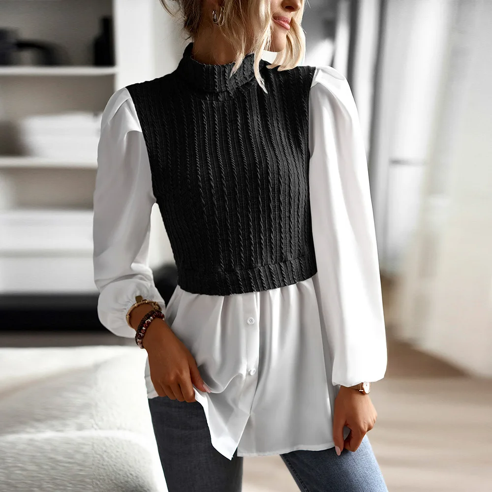 

Women Fake Two Shirts Puff Sleeve Fake Two Pieces Blusa Long Sleeve Plaid Knitted Patchwork Blouse Top Spring Summer Fashion Top