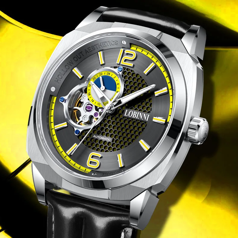 LOBINNI ساعة أوتوماتيكية للرجال 43 مللي متر ساعة يد ميكانيكية 50 متر مقاومة للماء ساعة مفرغة من الياقوت 24 ساعة