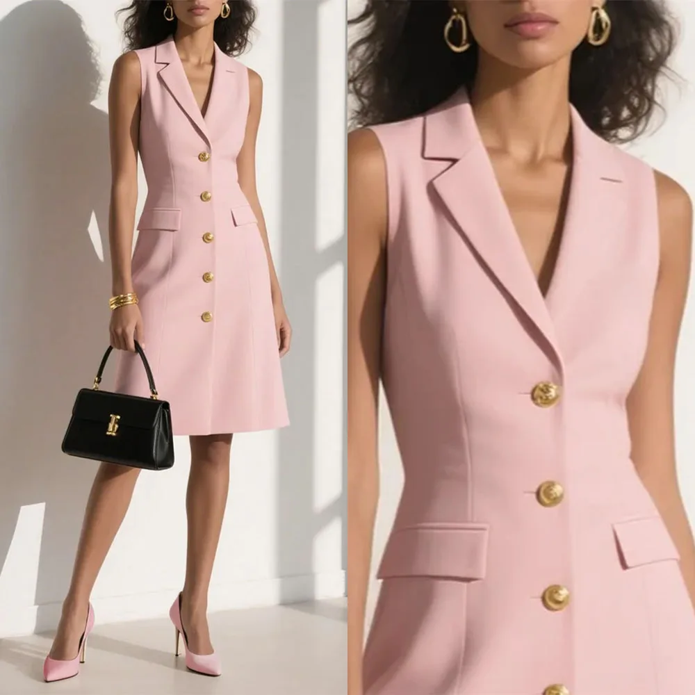 

Customized V-neck Sleeveless Pink Knee Length Buttons Robe De Soirée Femme Chic Luxury Evening Dress فساتين حفلات التخرج Vestido
