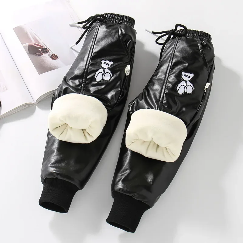 Children Cotton Padded Warm Trousers Kid Girls  PU Faux Leather Pants Kids Winter Fleece Black Imitation Leather Pants for Boy