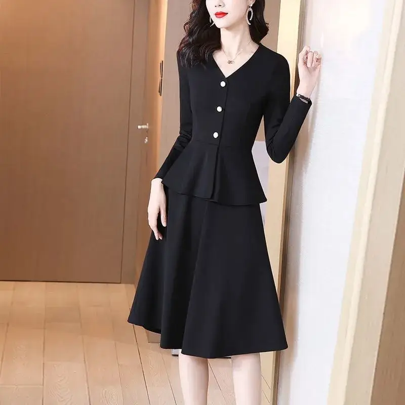 

Spring Autumn New V-neck Fashion Long Sleeve Midi Dress Women High Street Solid Color Button Patchwork Fake Two Pieces Vestidos