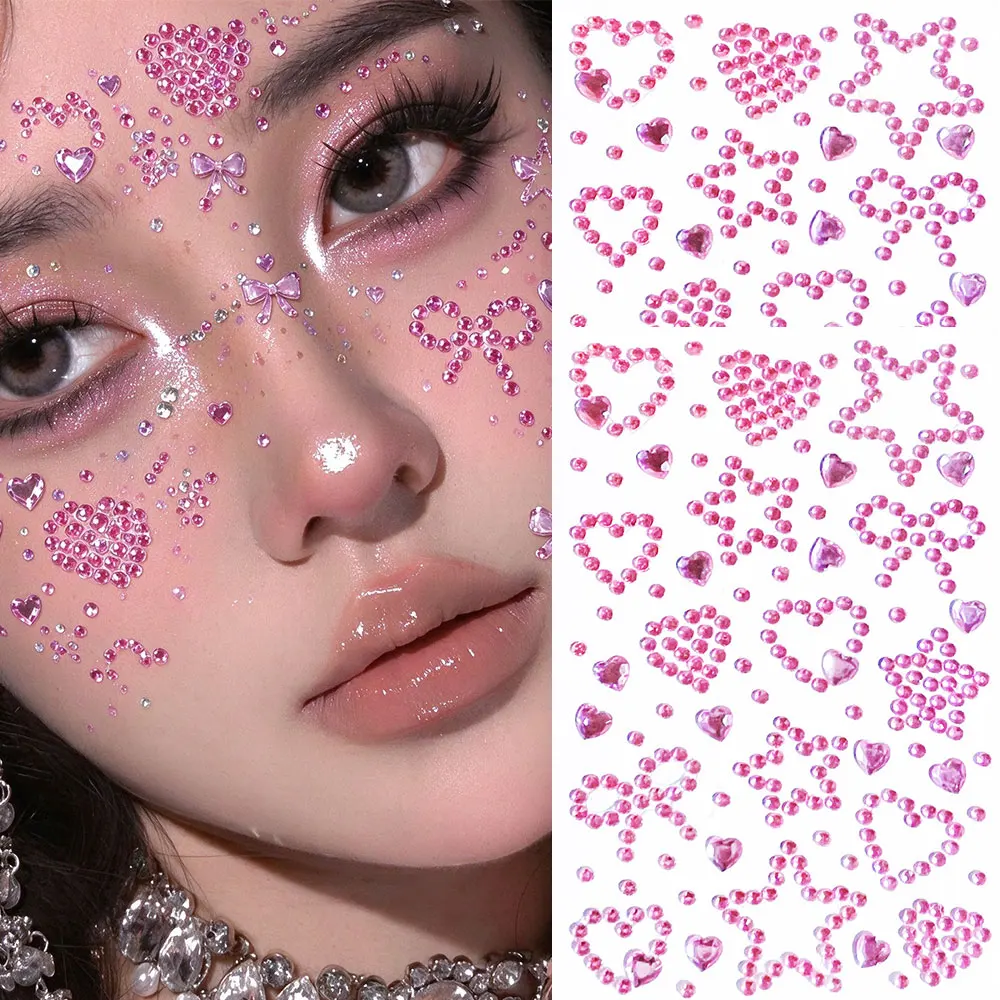 Red Heart & Star Rhinestone Face Gems Stickers Festival Makeup Crystal Diamond Tattoo Stickers for Party Body Makeup Decorations