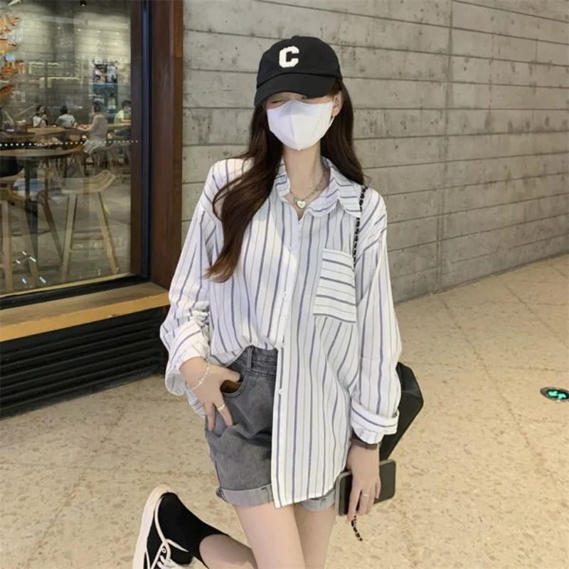 Shirts Women Simple Striped Leisure Autumn All-match Sun-proof Tender Loose Design Turn-down Collar Fashion Korean Style Elegant