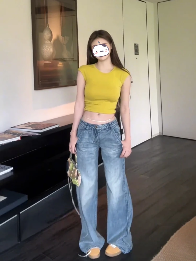 

Соблазнительные американские джинсы с низкой посадкой и прямым кроем, женские свободные широкие брюки в пол, лето 2024, деним, синий цвет