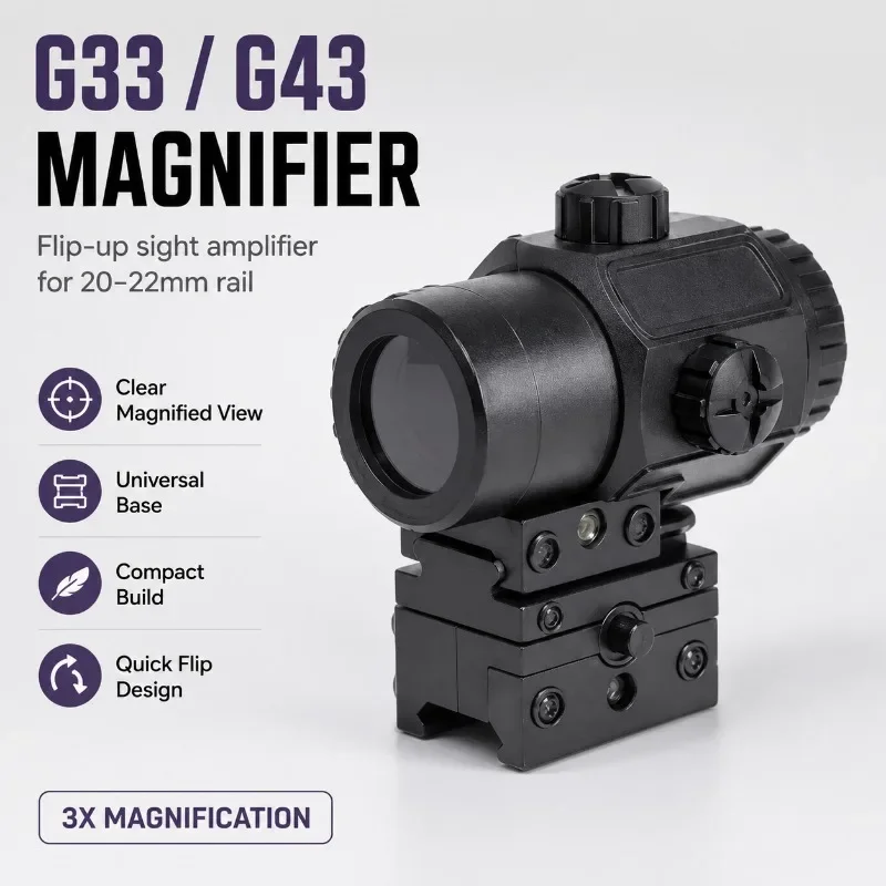 G33/G34 Side‑Flip Magnifying Optic Lens, Quick‑Detach Hobby Model Accessory for 20‑22mm Standard Rail