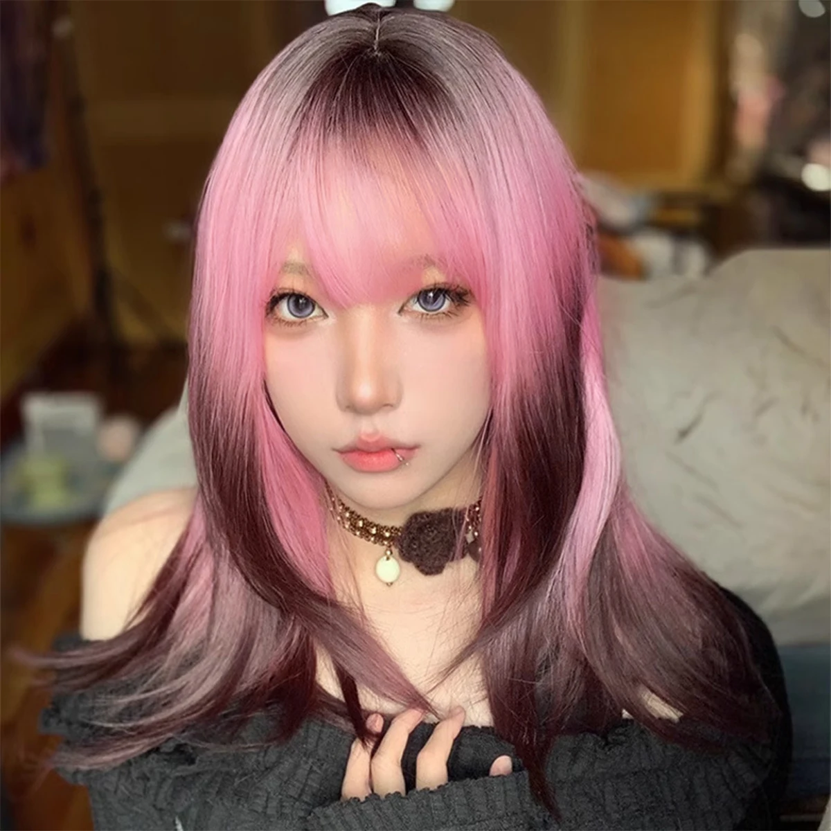 DIFEI Synthetic cosplay wig natural inner buckle micro-volume women's holiday heat-resistant wig black gradient pink