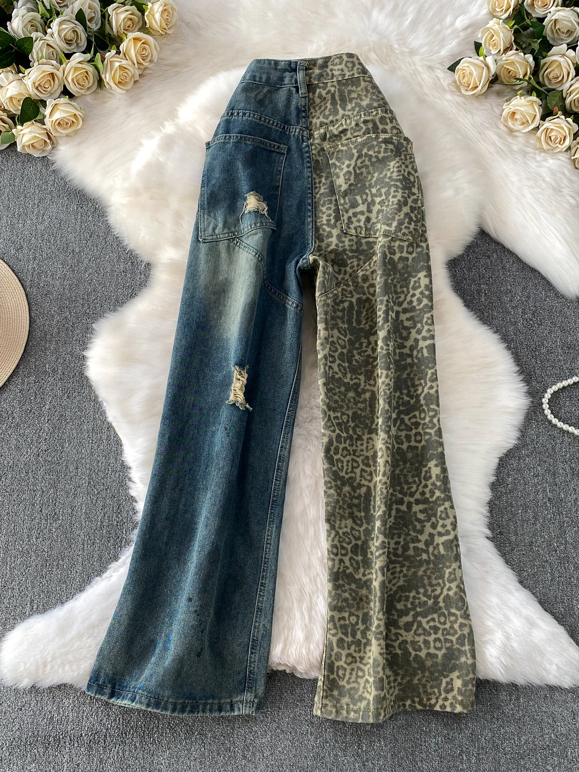 Faionable Leopard Print Patchwork Distred Denim Wide Leg Pants Women Winter Hot Girl High Waist Slim Straight Long Trousers