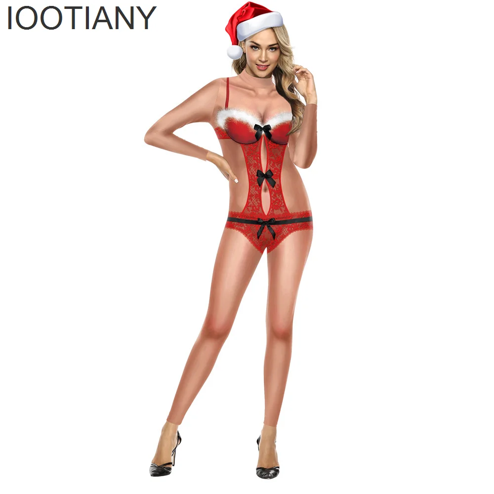 IOOTIANY Sexy Lace 3D Print Women Jumpsuit Xmas Carnival Fancy Party Cosplay Zentai Suit Adults Christmas Rave Outfits Bodysuit