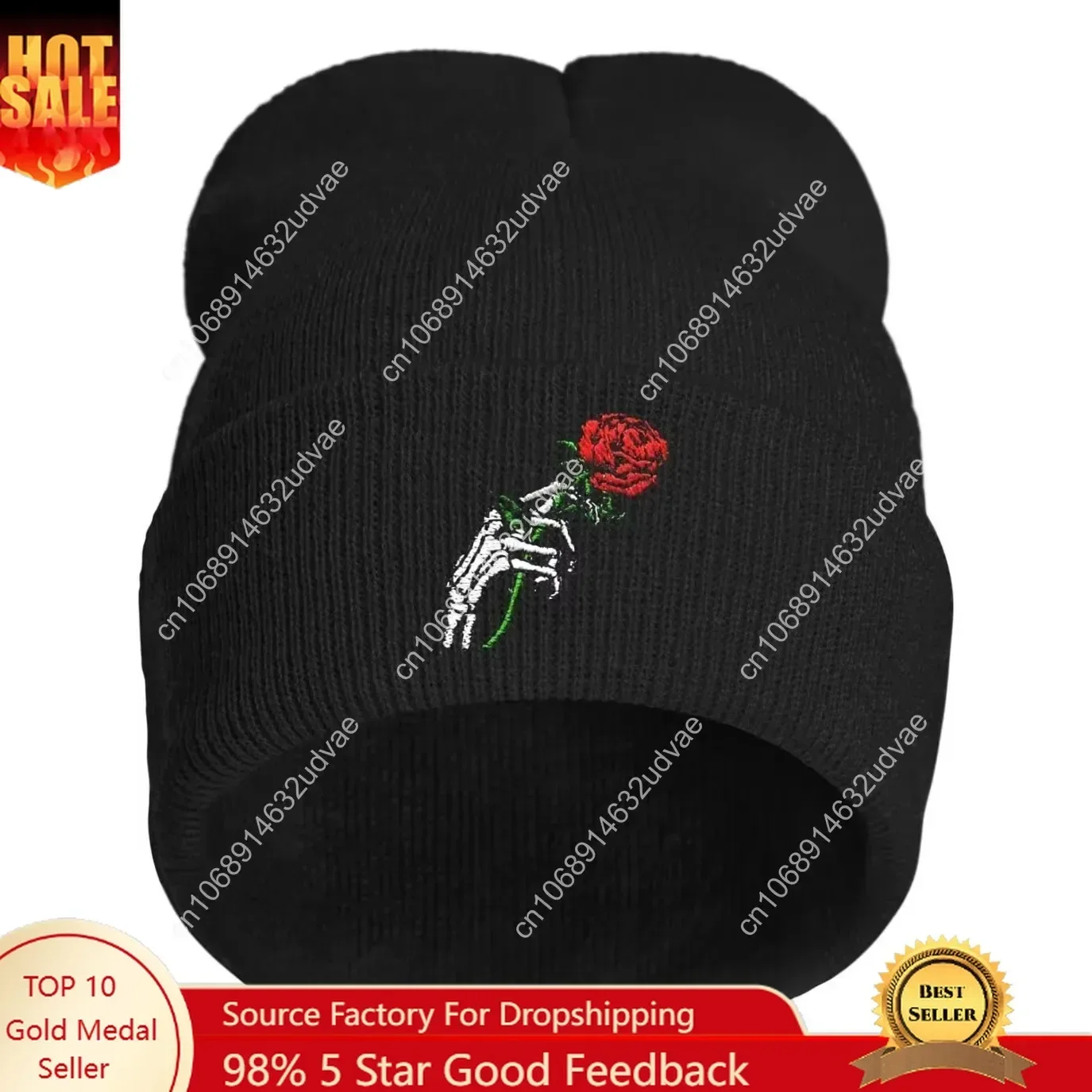 

Skeleton Skull Rose Embroidery Beanie Hat for Men Women Winter Warm Stretch Skull Knit Hats Cap Black