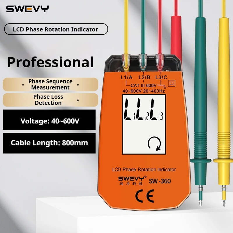 SWEVY Probador de secuencia de fase portátil, medidor de rotación de CA trifásico, detector de voltaje/corriente, indicador de rotación de fase para electricidad