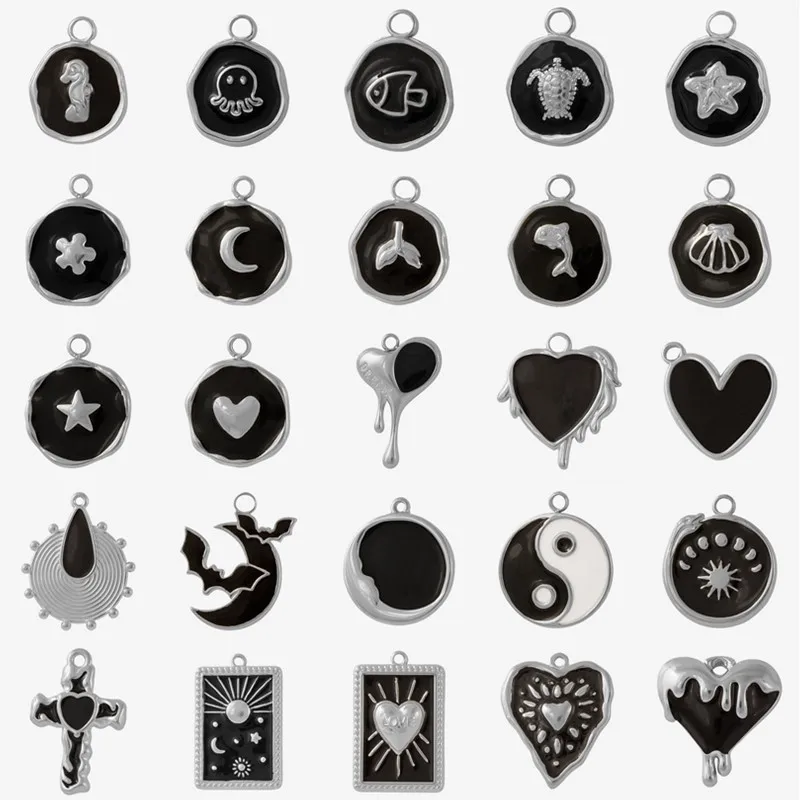 5pcs Steampunk Black Enamel Pendant Bat Moon Sea Animal Liquid Heart Charm Stainless Steel Pendants For Jewelry Making Supplies