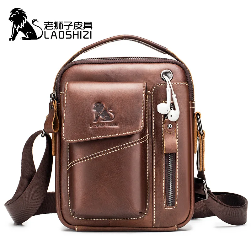 

LAOSHIZI Brand Genuine Cow Leather Shoulder Bag Men Messenger Bags Small Handbag Casual Flap Zipper Design Male CrossBody Bag