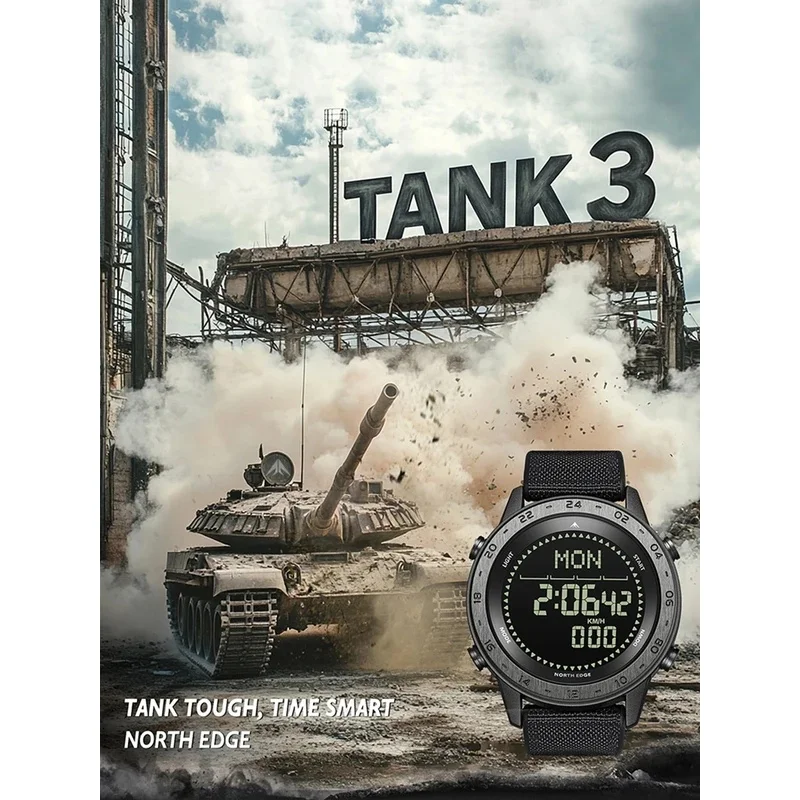 NORTH EDGE TANK 50M Waterproof Outdoor Sport Wristwatch with Compass Pedometer Calorie Counter Multifunctional Tactical Watch