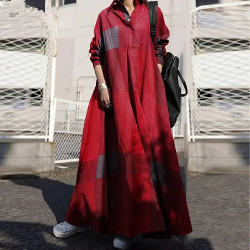 2024 Fashion Casual Versatile Women's Fashion Robe Cotton and Hemp Retro Ethnic Style Printed Simple and Comfortable Long Dress