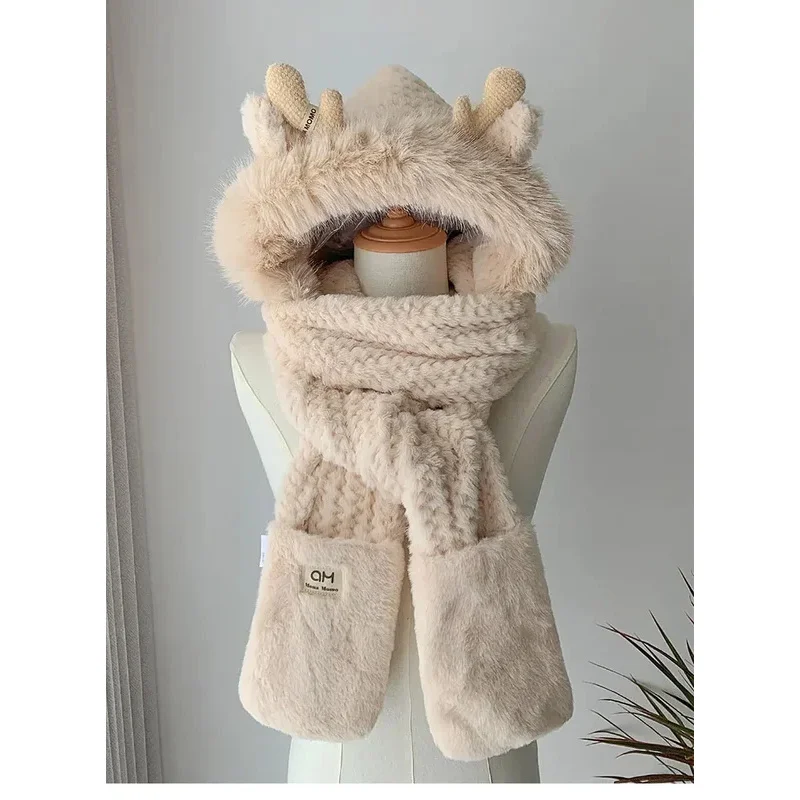 

Fashion Elk Antlers Plush Hat Scarf Gloves Women'S Winter Ear Protector Thickened Lei Feng Hat Cycling Ski Cap Wind Proof