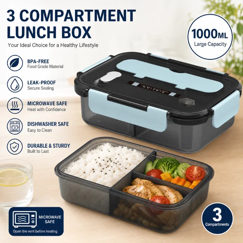 Compartment Bento Box, Food Grade Plastic Lunch Box with Vent Valve, Leak Proof Microwave Safe Food Container for Office School